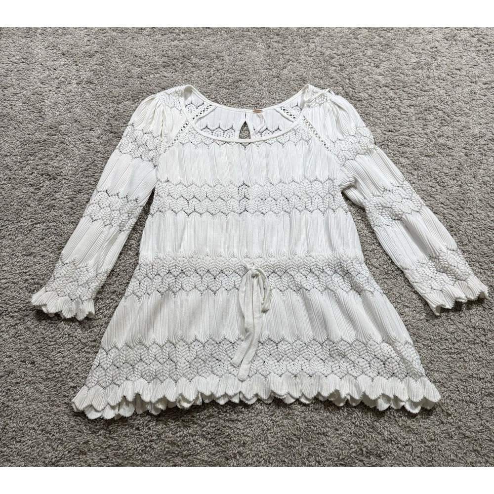 Free People Boho Lace Pattern Floral Art Deco Blouse Whimsical Cottagecore XS